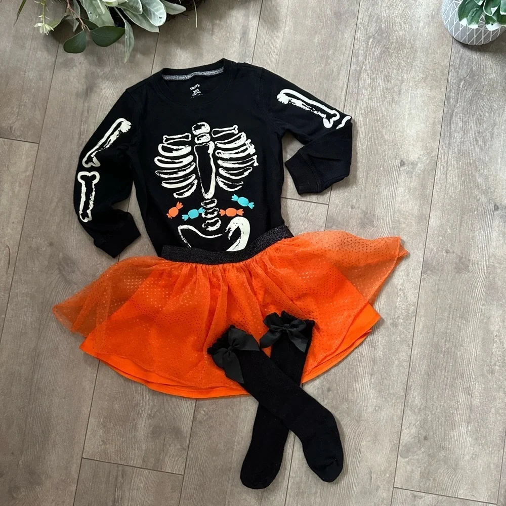 Halloween Glow in the Dark Top, Tutu Skirt, Knee High Socks 3-Piece Outfit Set